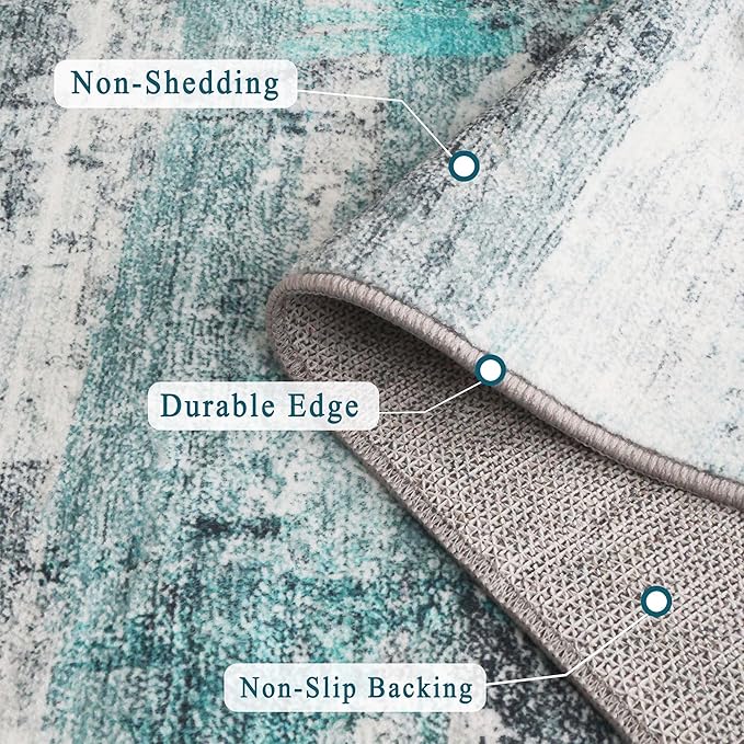 3x5 Rug, Small Area Rug for Living Room, Bedroom, Kitchen, Machine Washable Non-Slip Throw Rug, Modern Abstract Carpet for Entryway Nursery Coffee Table, Teal