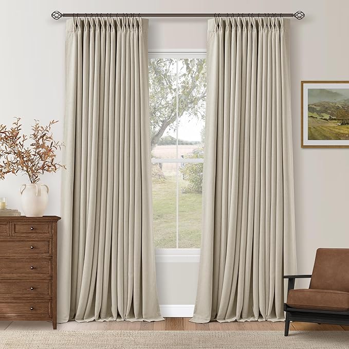 Memory Trained Pinch Pleated 100% Blackout Linen 86 Inch Curtains for Bedroom Room Darkening Light Blocking Beige Tan Window Curtain 80 Inches Long Living Room Black Out Pleat Drapes Dual Layer