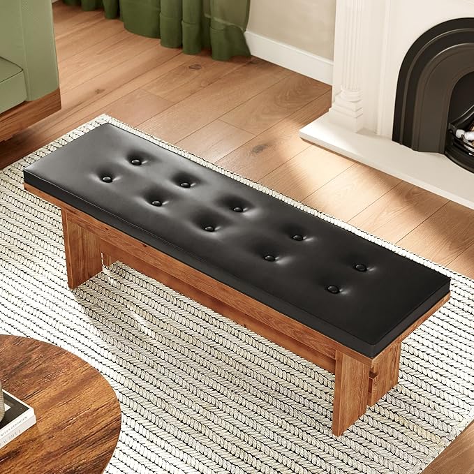 Solid Wood Bench with Cushion, 55" Upholstered Entryway Bench with Thickened Legs, Button-Tufted Shoe Bench Seat, Vintage Indoor End of Bed Bench for Bedroom, Living Dining Room, Hallway, Dark Walnut