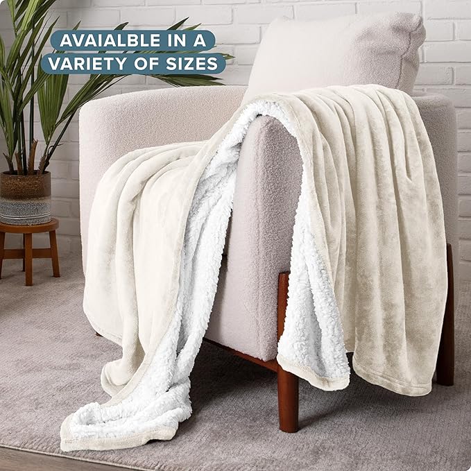 Bare Home Sherpa Fleece Blanket - King Size - Blanket for Bed, Sofa, and Couch - Warm & Lightweight - Fluffy & Soft - Reversible (King, Cream)