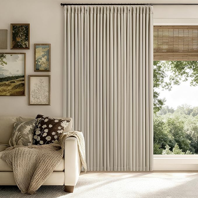 Extra Wide 100% Blackout Curtains 102 Inches Long for Bedroom Living Room Neutral Farmhouse Pinch Pleated Double Layer Thick Linen Drapes Thermal Insulated for Large Windows Oatmeal W70xL102 1 Panel