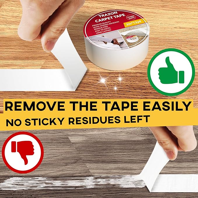 Carpet Tape Double Sided - Rug Tape Grippers for Hardwood Floors and Area Rugs - Carpet Binding Tape Strong Adhesive and Removable, Heavy Duty Stickers Grip Tape, Residue Free (2 Inch / 15 Yards)