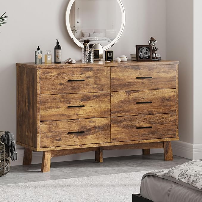 Dresser for Bedroom, 6 Drawer Wide Modern Chest of Drawers with X-Shaped Sturdy Base, Wood Double Dresser Closet Clothes Storage Organizer, Wooden TV Stand for Living Room, Hallway, Brown