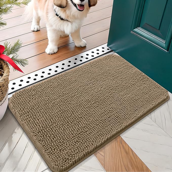 OLANLY Dog Door Mat for Muddy Paws 30x17, Absorbs Moisture and Dirt, Absorbent Non-Slip Washable Doormat, Quick Dry Chenille Mud Mat for Dogs, Entry Indoor Entryway Carpet for Inside Floor, Tan