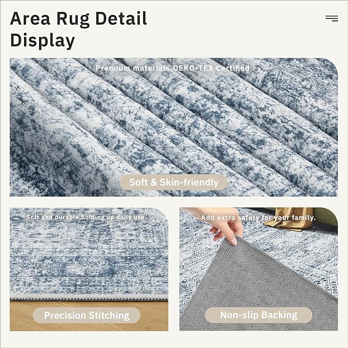 5x7 Area Rugs Blue Low Pile Indoor Washable Trendy Faded Style Rugs for Bedroom Living Room Dining Room Foldable Non-Slip Thin Print Mat