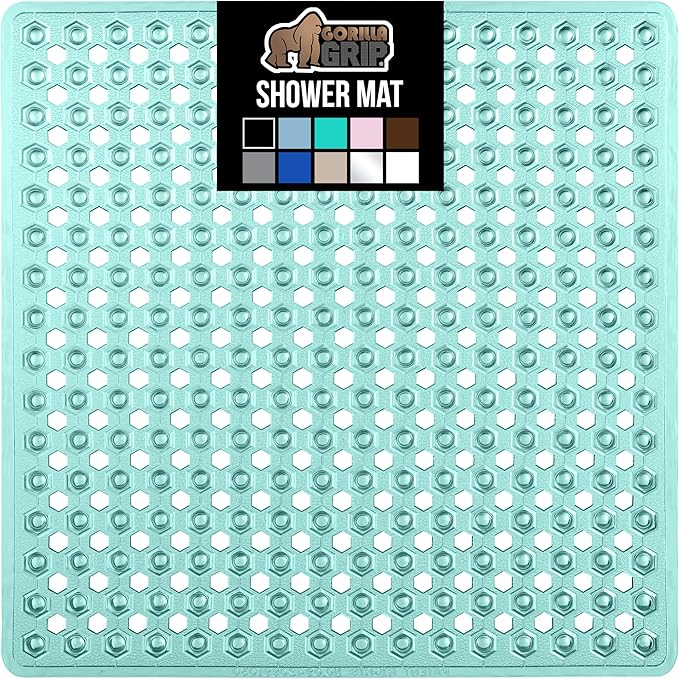 GORILLA GRIP Patented Square Shower Stall Mat, Small Bathtub Floor Mats for Stand Up Showers with Suction Cups and Drainage Holes, Machine Wash, Soft on Feet, Bathroom Accessories 21x21 Inch, Green