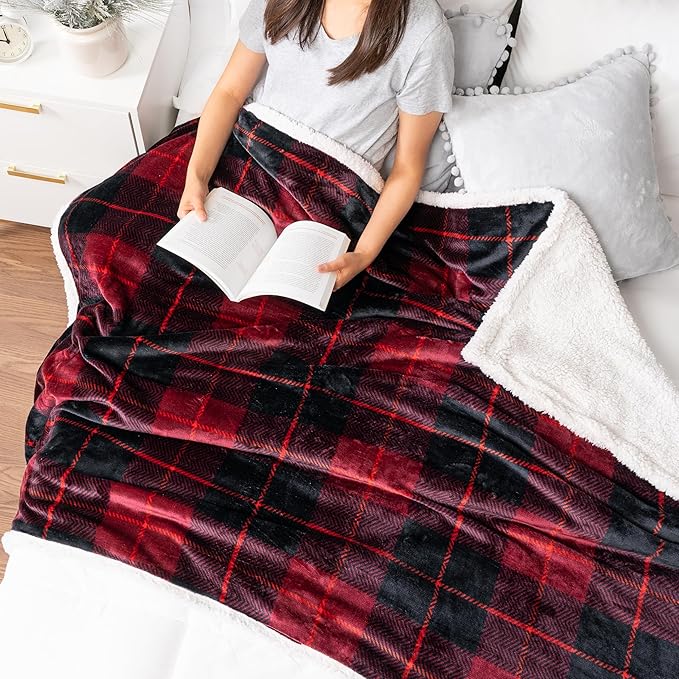 Pavilia Red Plaid Sherpa Throw for Twin, Plush Flannel Fleece Blanket and Throws, Soft Fuzzy Cabin Blanket for Sofa Bed, Warm Cozy Winter Gift, 60x80