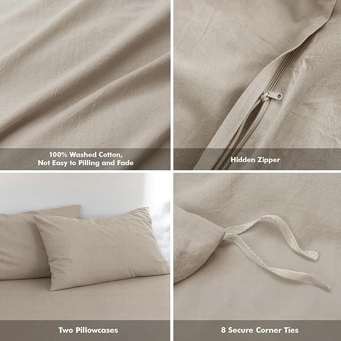 FOSSA Duvet Cover Set 100% Washed Cotton Linen Feel Super Soft Breathable Cozy 3 Pieces Bedding Sets Solid Tannish Linen Grey Super Queen