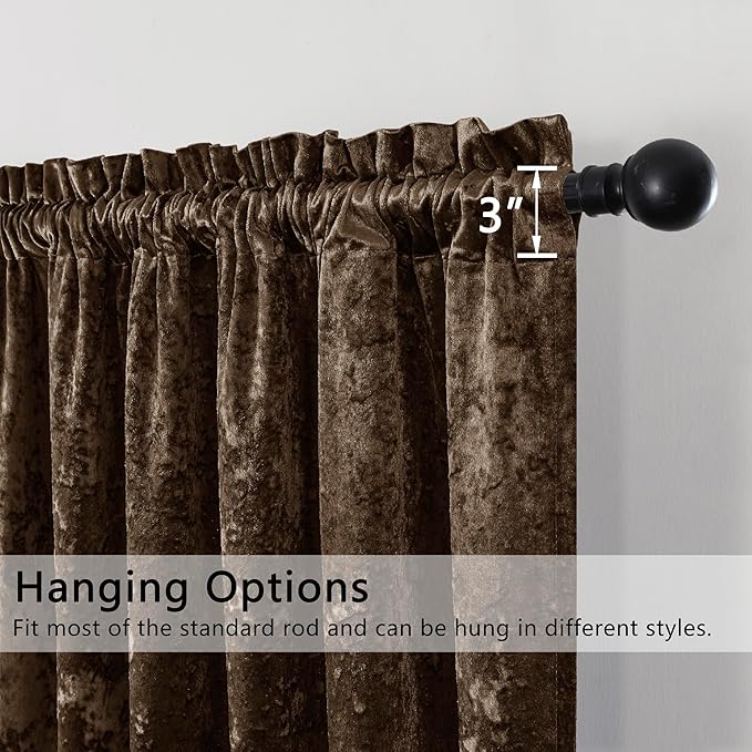 SMILETIME Chocolate Crushed Velvet Curtains 52x96inch Rod Pocket Luxurious Thermal Insulated Soundproof Drapes Soft and Durable Light-Filtering Window Treatments for Living Room Bedroom, 2 Panels