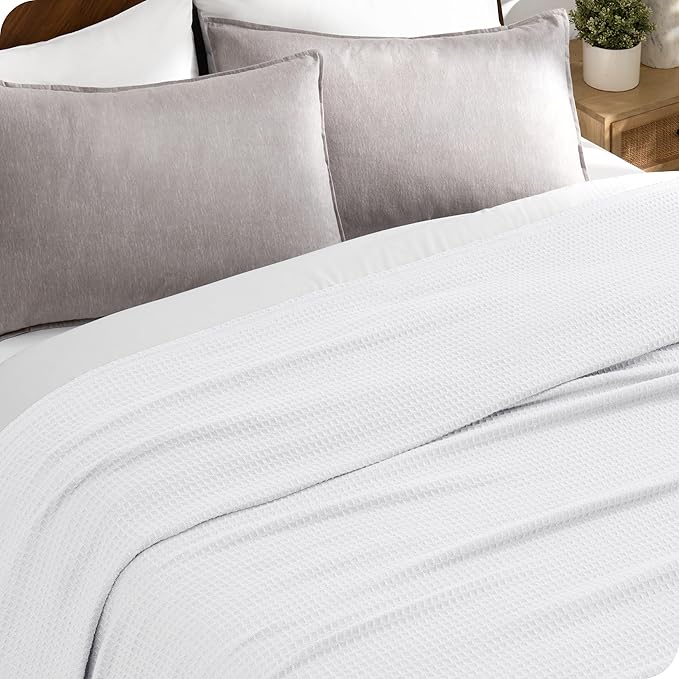Bare Home White Waffle Blanket, Throw Size 44Wx66L, 100% Cotton, Soft & Breathable for All Seasons, Lightweight, Perfect for Layering Bed, Sofa & Couch (Throw/Travel, White)