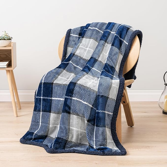 PAVILIA Blue Navy Plaid Sherpa Throw Blanket for Couch Twin, Plush Flannel Fleece, Soft Fuzzy Cabin for Sofa Bed, Warm Cozy Winter Gift, 60x80
