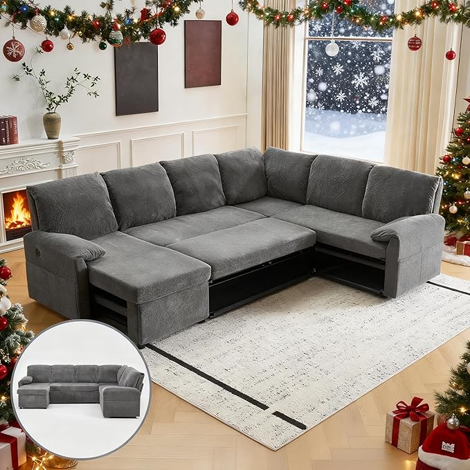 VINGLI Convertible Sofa Bed Couches for Living Room, Sleeper Sofa with Pull Out Couch Bed, Cloud-Like Plush Fleece U-Shape Sectional Couch with Storage Chaise, USB Charging, Side Pockets