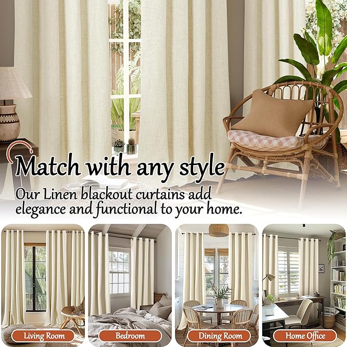 60 Inch Wide Linen Blackout Curtains for Bedroom 63 Inch Length 2 Panels, Total Black Out Thermal Insulated Energy Efficiency Grommet Boho Window Drapes White Liner for Modern Farmhouse, Cream