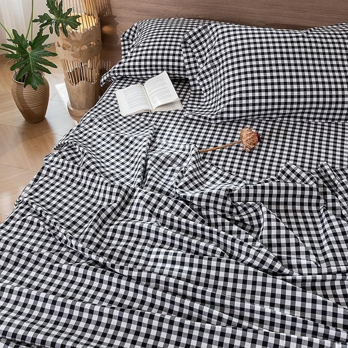 MooMee Gingham Sheet Set 100% Washed Cotton Linen Like Textured Breathable Soft w/Fully Elasticized 16-19" Deep Pocket (Classic Gingham Black White, Queen)