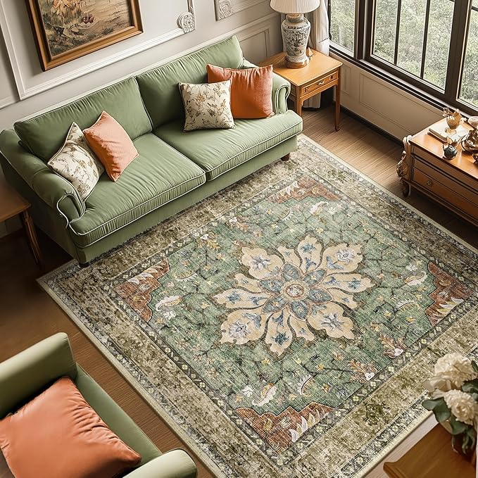 Area Rugs Square 6ft Washable Non-Slip, Floral Vintage Distress Print Pattern Medallion Carpet for Living Room Bedroom Dining Room, Brick Red Rust Neutral Brown Burnt Orange Green