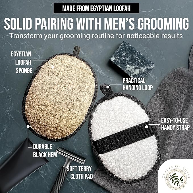 CraftsOfEgypt Natural Loofah Body Scrubber for Men, 2PCS Black & White Set – Egyptian Luffa Sponge Exfoliator for Shower, Bath & Body Care, Durable Men's Hygiene Pad, Gentle Skin Exfoliating Tool