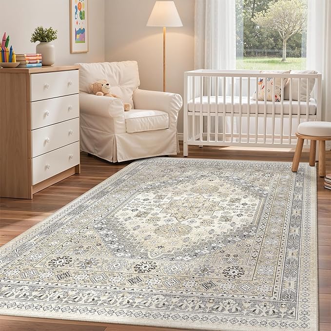 zesthome 4x6 Rug - Stain Resistant Washable Rug, Anti Slip Backing Rugs for Living Room, Foldable Vintage Small Area Rugs ((Beige,4'x6')