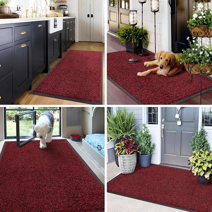 Mibao Front Door Mat, Dirt Trapper Welcome Mat for Outdoor Indoor, Non-Slip Waterproof Doormat, Durable Machine Washable Low Profile Entry Rug for Back Door Outside Patio Porch, 72" x 24", Red
