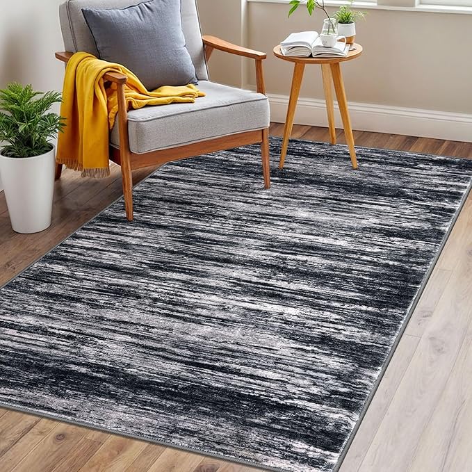 3x5 Modern Abstract Area Rug for Entryway, Black Super Soft Washable Rug with Non-Slip, Low-Pile Door Mat Indoor for Living Room Bedroom, Carpet with Non-Shedding