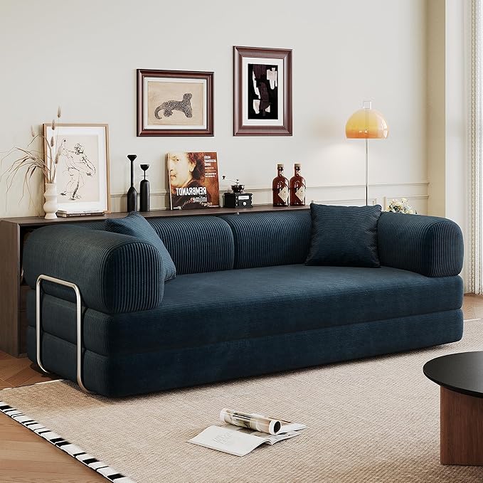 79" Convertible Sofa Bed with Fixed-Shape Frame, Corduroy Folding Pull Out Couch, No Assembly Modern Boneless Couch Compression Sofa in Box, Floor Sofa for Living Room,Blue