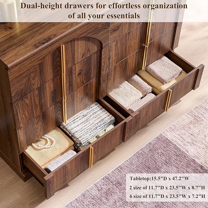 ACCOHOHO Large Dresser for Bedroom with 8 Drawers with Arched Panel,Modern Minimalist Chest of Drawers with Gold Handles,Wood Storage Closet Dressers Tv Stand for Living Room, Hallway,Brown