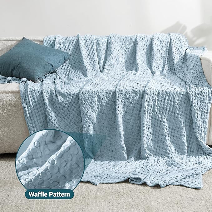 Aganear Waffle Blanket - Lightweight Breathable Summer Blanket of 50% Cotton and 50% Rayon Derived from Bamboo for Hot Sleepers Luxury Throws for Bed, Couch and Sofa,Blue,104x90 Inches