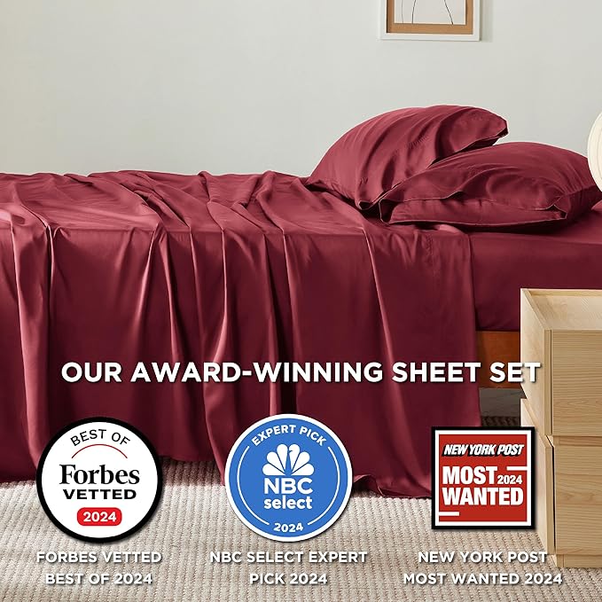 Bedsure Queen Sheet Set, Rayon Derived from Bamboo, Cooling Sheets, Breathable & Soft, Deep Pocket Up to 16 Inches, Hotel Luxury Silky Bedding for Hot Sleepers, Burgundy