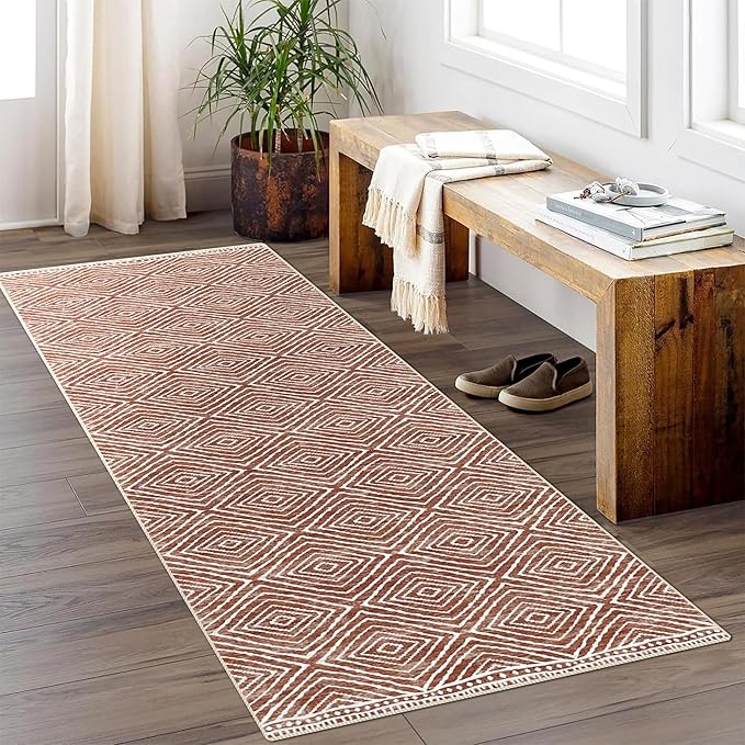 Runner Rug 2x10 Machine Washable Rug with Non-Slip Backing, Ideal for Kitchen Hallway Entryway Laundry Room - Western Style, Durable, Easy Clean, Low Pile Carpet Runner, Brown Red