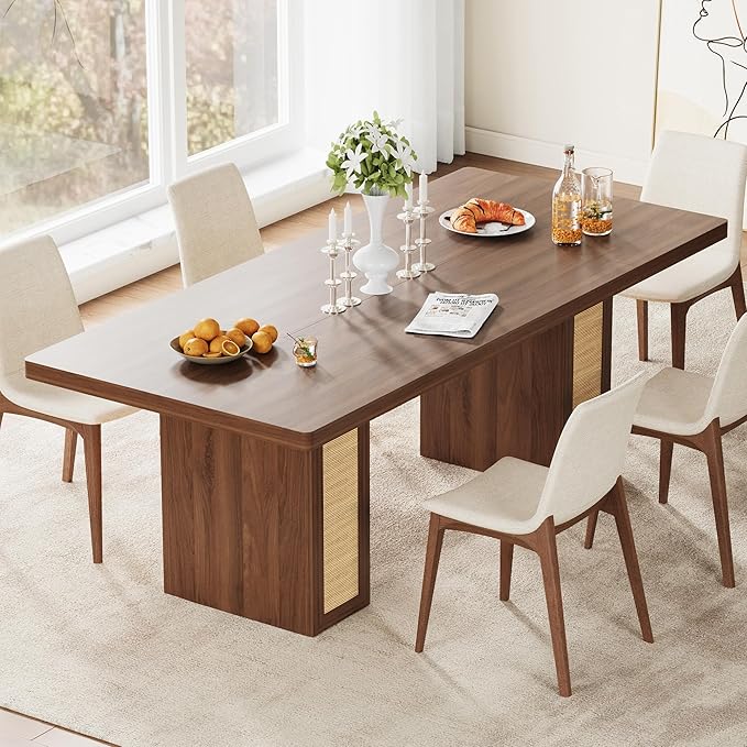 LIKIMIO 78.7" Farmhouse Dining Table for 6-8 People, Extra Thick Wood Top with 2 Hidden Adjustable Storage Drawers, Modern Woven Rattan Table for Dining Room, Kitchen, Living Room, Vintage Brown