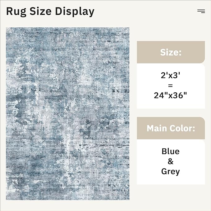 2x3 Abstract Washable Rugs for Kitchen, Floor, Entryway, Powder Room Small Area Rug Non-Slip Vintage Rug Low Pile Throw Door Mat Blue