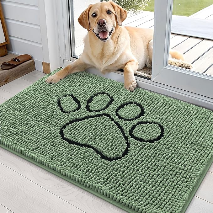 OLANLY Dog Door Mat for Muddy Paws 36x24, Paw Print Design, Absorbs Moisture and Dirt, Absorbent Non-Slip Washable Doormat, Quick Dry Chenille Mud Mat, Entry Indoor Entryway Carpet, Olive Green