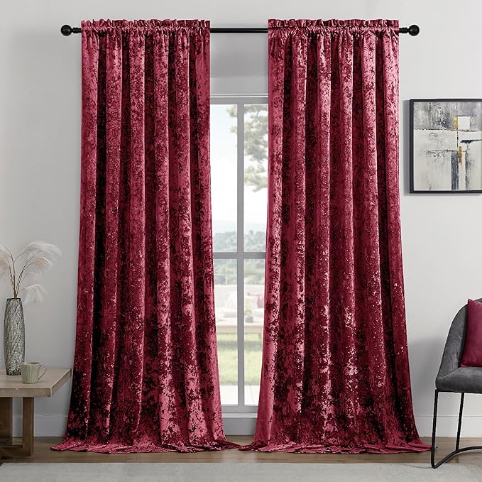 SMILETIME Burgundy Red Crushed Velvet Curtains 52x96inch Rod Pocket Luxurious Thermal Insulated Soundproof Drapes Soft and Durable Light-Filtering Window Treatments for Living Room Bedroom, 2 Panels