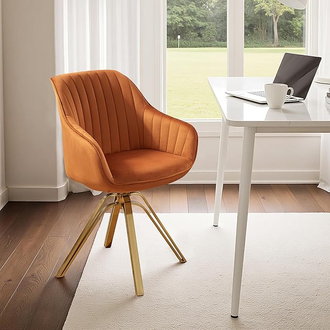 Zouron Mid Century Modern Swivel Accent Chair with Gold Metal Legs, Upholstered Swivel Chair No Wheels, Side Accent Arm Chair Vanity Chair for Small Space Home Office Living Room Bedroom, Orange