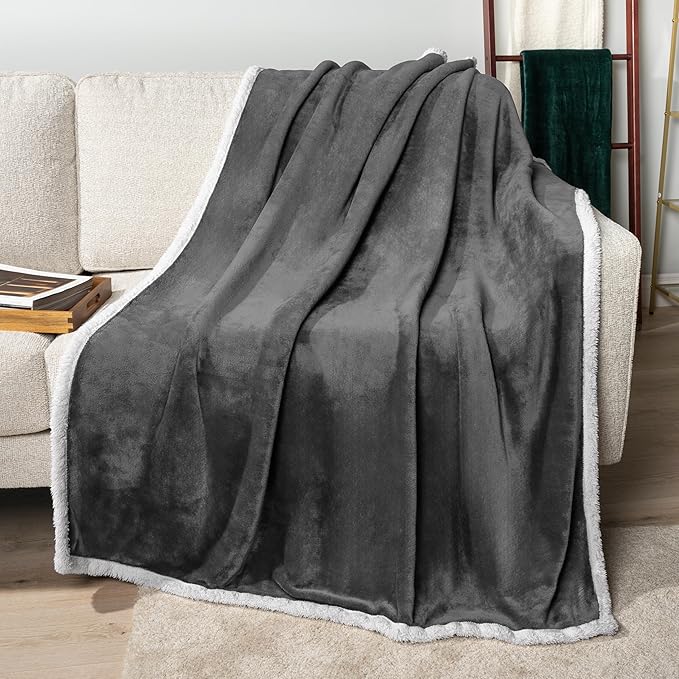 PAVILIA Sherpa Fleece Throw Blanket for Couch, Dark Grey, Plush Soft Fuzzy Sofa Blanket, Cozy Reversible Winter Throw for Women Men, 50x60 Inches