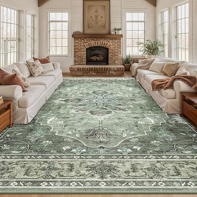 Area Rugs 10'x14' Washable Non-Slip, Floral Vintage Distress Print Pattern Medallion Carpet for Living Room Bedroom Dining Room, Dark Green Gray