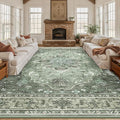 Area Rugs 10'x12' Washable Non-Slip, Floral Vintage Distress Print Pattern Medallion Carpet for Living Room Bedroom Dining Room, Dark Green Gray