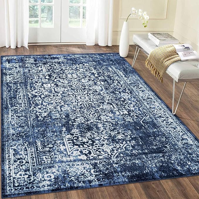 vivorug 9x12 Area Rugs, Stain Resistant Washable Rug for Living Room, Vintage-Inspired (Navy Blue, 9'x12')