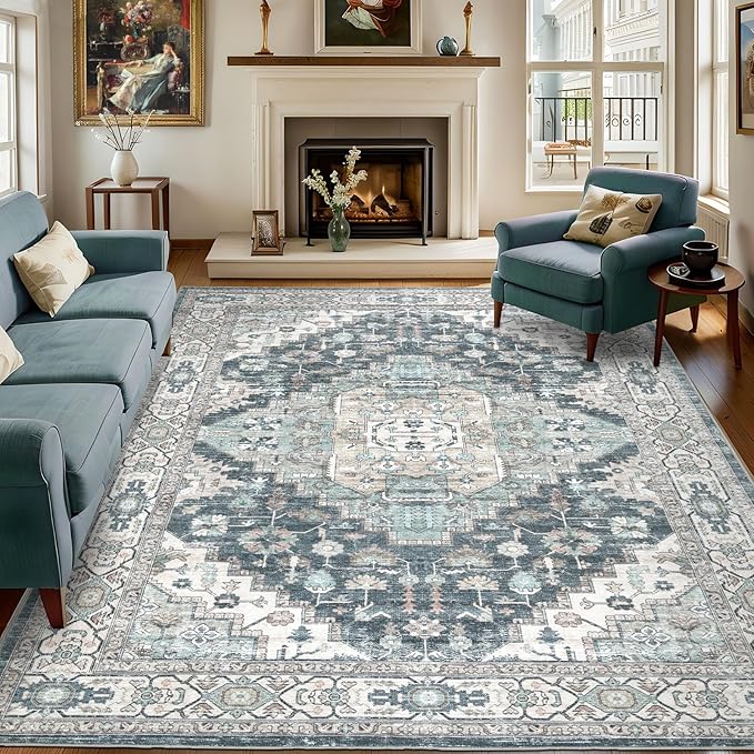 5x7 Vintage Washable Area Rug for Living Room,Low Pile Non Slip Carpet Non-Shedding Area Rug Soft Indoor Stain Resistant Rug Boho Print Mat for Bedroom Dining Room Blue Beige Multi