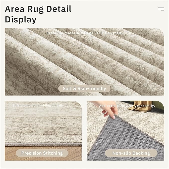 7x9 Area Rug for Living Room Washable Abstract Vintage Soft Thin Indoor Floor Non-Slip Carpet for Bedroom Dining Room Beige