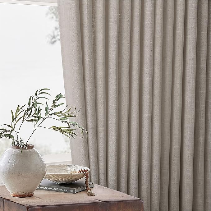 Pinch Pleated Linen Curtains 108 Inches Long for Living Room 2 Panels Set Greyish Beige Flax Double Pleated Drapes Back Tab Farmhouse Ceiling Floor 108 Inch Window Curtains Bedroom Burlywood Birch