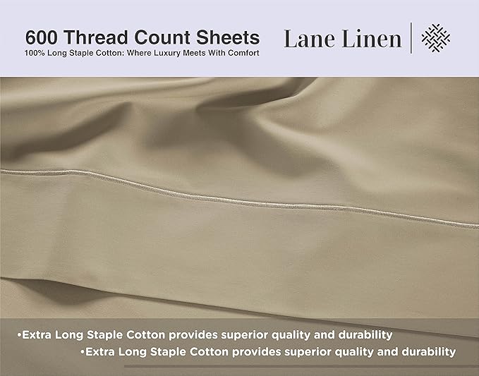 LANE LINEN King Size Bed Sheet Set – 600 Thread Count Long-Staple 100% Cotton Sheet Set King Size, Hotel Premium Soft Silky Sateen Finish, Durable Bedding Set, Elasticised 15" Deep Pocket – Linen