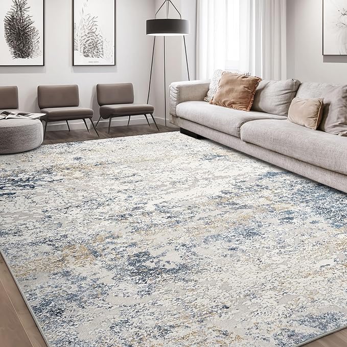 Area Rug Living Room Rugs - 10x14 Abstract Large Soft Indoor Washable Rug Neutral Modern Low Pile Carpet for Bedroom Dining Room Farmhouse Home Office - Beige Blue