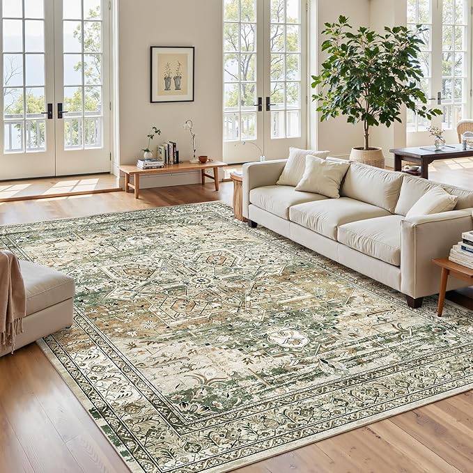 6x9 Area Rugs for Living Room Non-Slip Washable Rugs 6x9 Vintage Rug for Bedroom Dinning Room Ultra-Thin Area Rugs Farmhouse Home Decor Olive/Beige