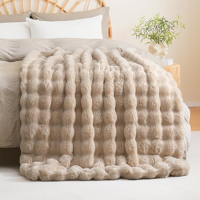 BENVWE Faux Fur Throw Blanket for Couch Bed - Fluffy Soft Thick Bubble Blanket for Living Room Home Decor - Mothers Day Birthday Gifts for Women, Beige, 63" x 80"