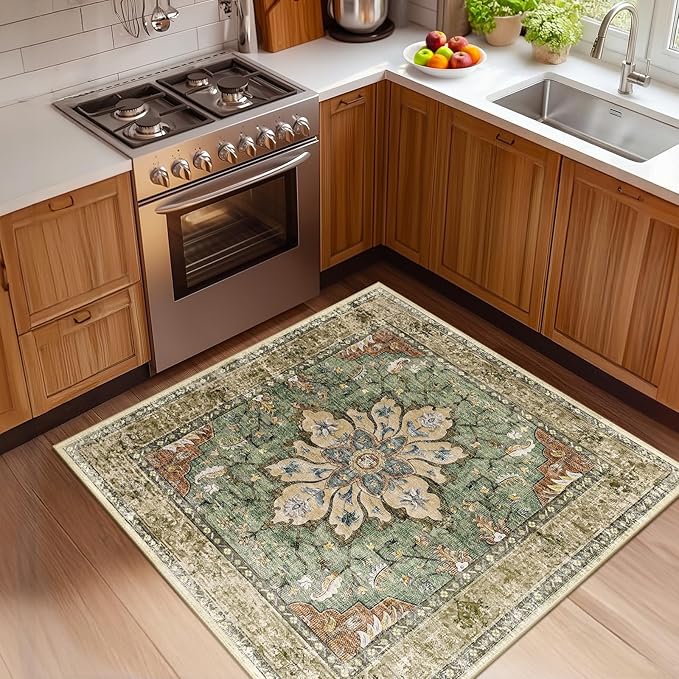 Area Rugs Square 4ft Washable Non-Slip, Floral Vintage Distress Print Pattern Medallion Carpet for Living Room Bedroom Dining Room, Brick Red Rust Neutral Brown Burnt Orange Green