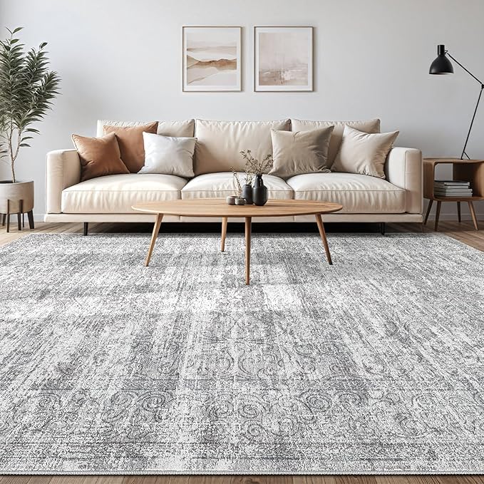 Area Rug Living Room Rugs - 7x9 Large Soft Indoor Neutral Modern Abstract Low Pile Washable Rug Carpet for Bedroom Dining Room Farmhouse Home Office - Vintage Grey