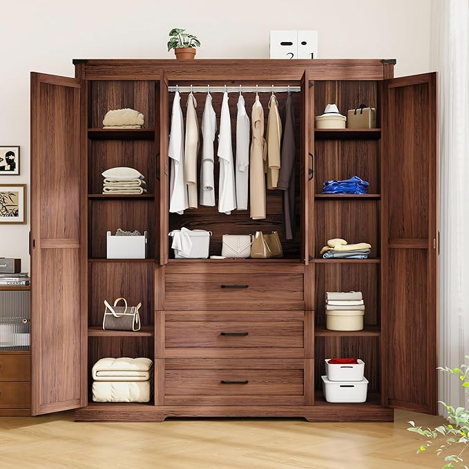4 Door Armoire Wardrobe Closet Cabinet with 3 Drawers and Drawers, Farmhouse Bedroom Armoire with Hanging Rod and Adjustable Shelves, Large Capacity Storage Wardrobe Armoire for Bedroom, Brown