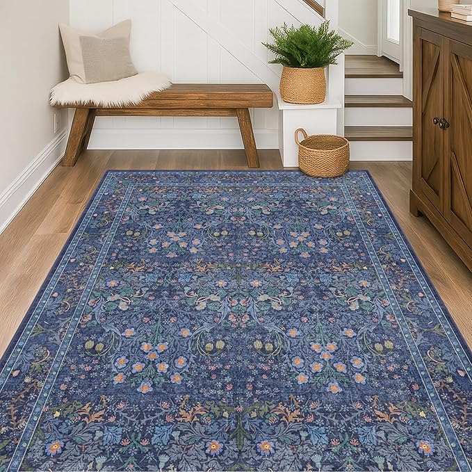 Vintage Dark Blue Living Room Rug 5x8 Area Rug - Vintage Floral Forest Washable Mat for Dining Room, Bedroom, Low Pile Non Slip Stain Resistance Distressed Retro Indoor Boho Floral Carpet