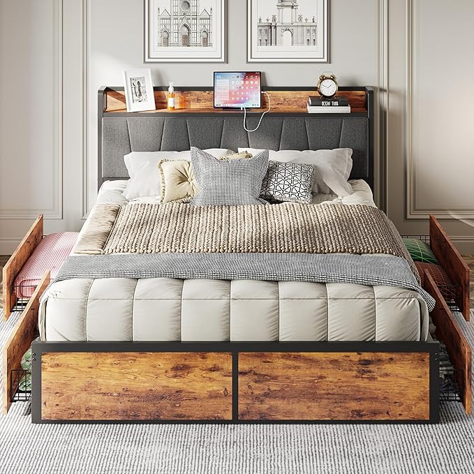 LIKIMIO Queen Bed Frame with 4 Storage Drawers, Platform Bed with Charged Headboard, Sturdy and Stable, No Noise, No Box Spring Needed, Easy to Install, Vintage Brown and Gray