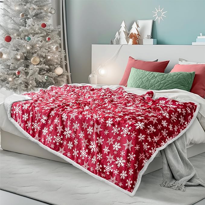 PAVILIA Premium Christmas Sherpa Throw Blanket | Red Snowflake Decoration, Fleece, Plush, Warm, Cozy Reversible Microfiber Holiday Blanket 60 x 80 Inches